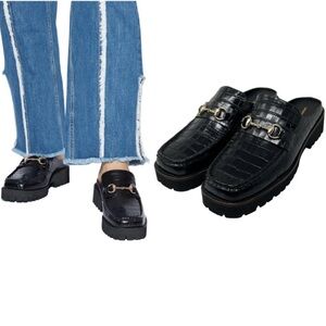 INTENTIONALLY BLANK Black Croc-Patterned Mules